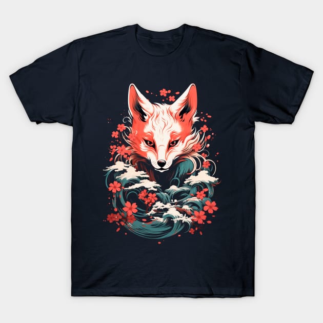 Kitsune Waves and Blossoms T-Shirt by TeruTeeSign